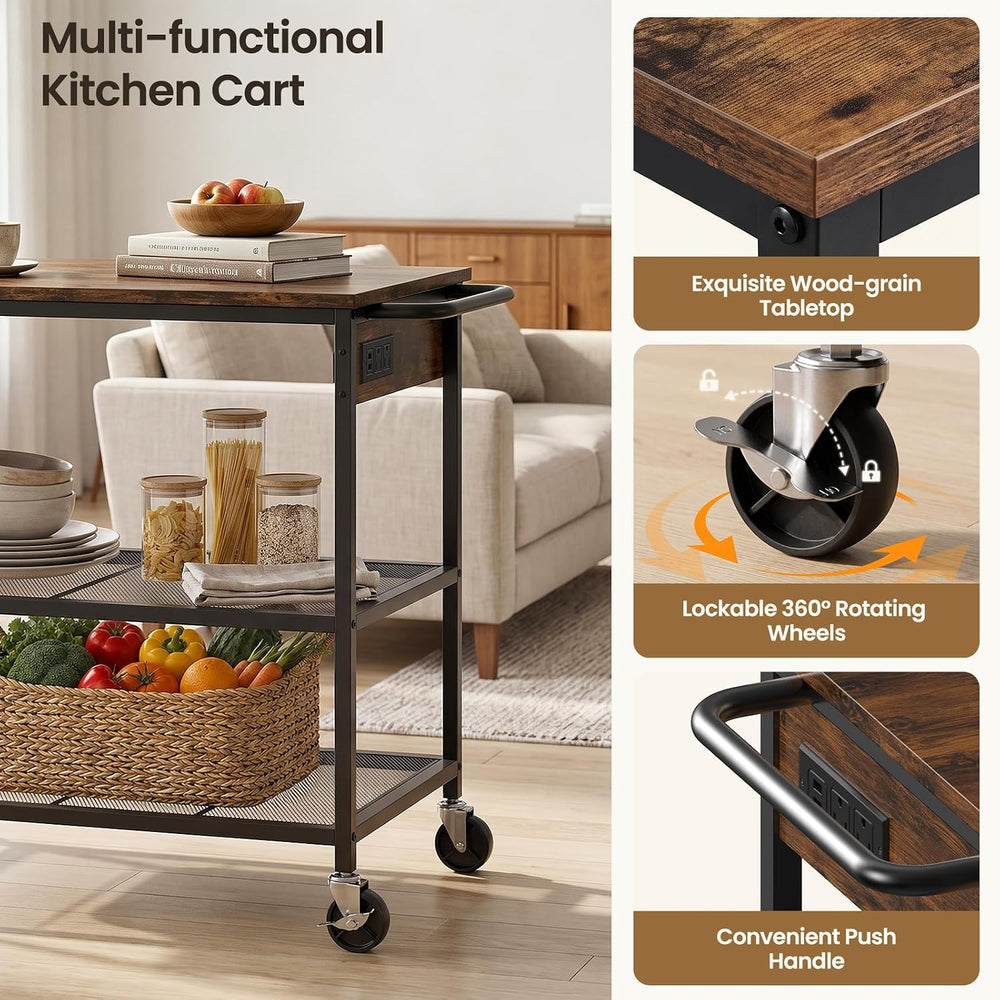 Rolling Kitchen Island Cart with Storage, 3 Tier Kitchen Cart on Wheels,Wood ...