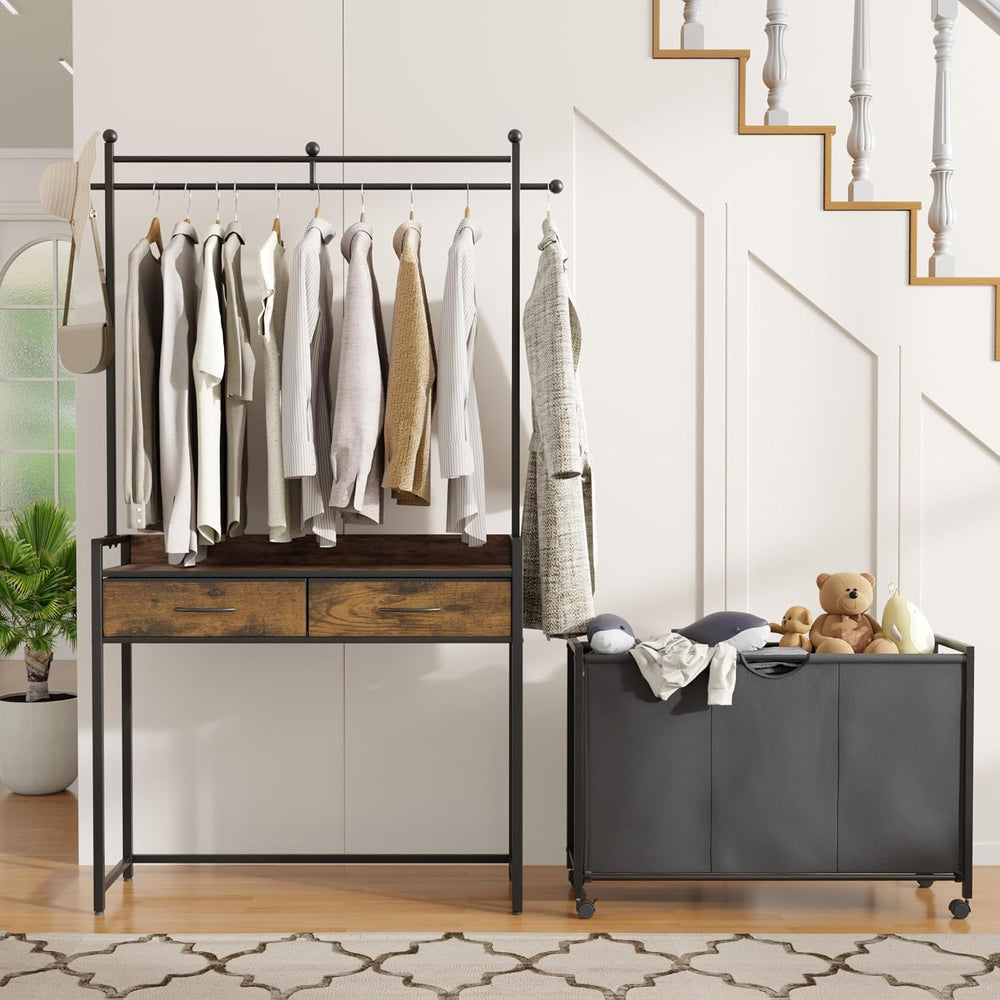 Mondeer 150L Laundry Sorter with Hanging Rack, 3 Compartments, 2 Drawers