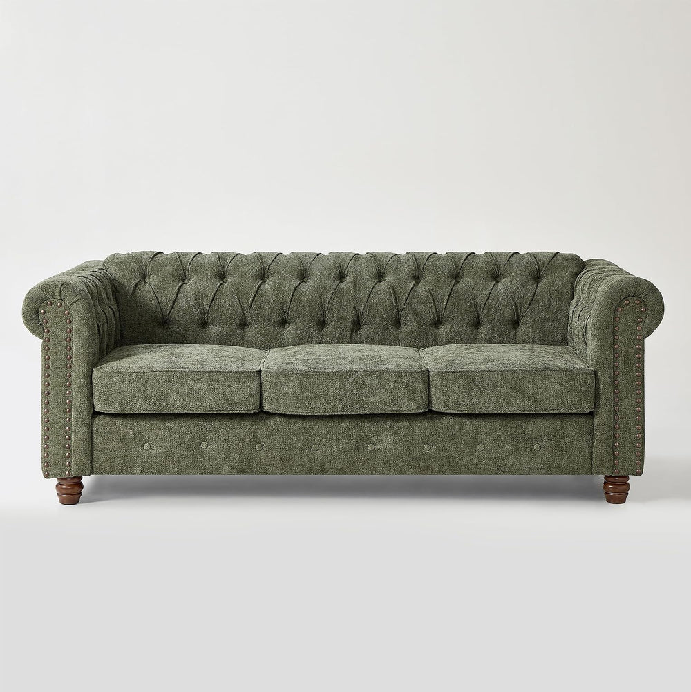 Modern Chesterfield Sofa, Deep Seat Chenille Rolled Arms Couch,Green