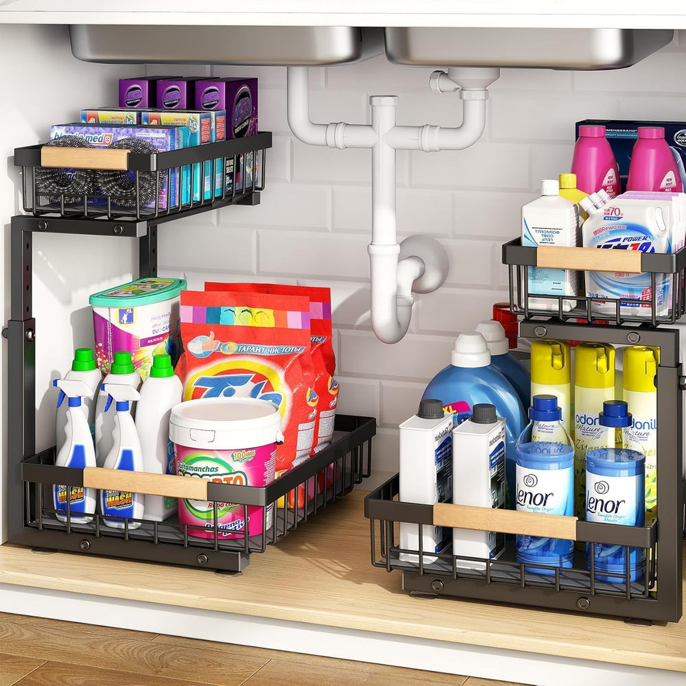 PXRACK Under Sink Organizer, Adjustable Height, 2 Tier Pull Out Under Cabinet...