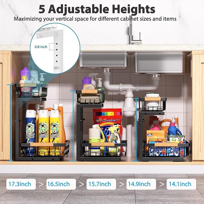 Under Sink Organizer Storage 2 Pack, 2 Tier Slide Out Height Adjustable Pull