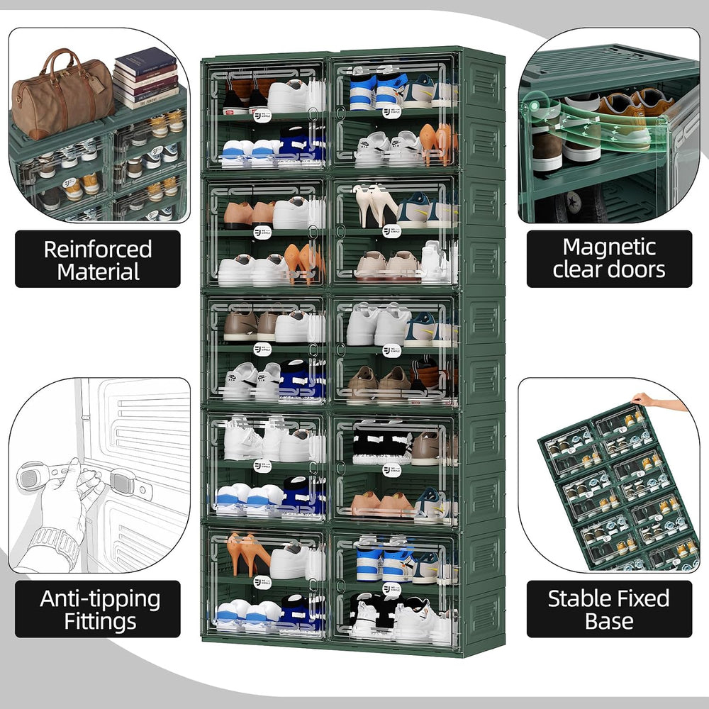 Green Foldable Shoe Storage Cabinet for 40 Pairs with Magnetic Clear Doors, P...