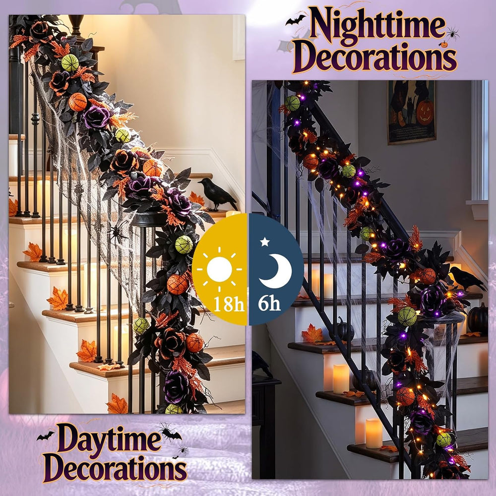 6FT Pre-Lit Halloween Garland with Lights, 2Pcs Black Rose Garland