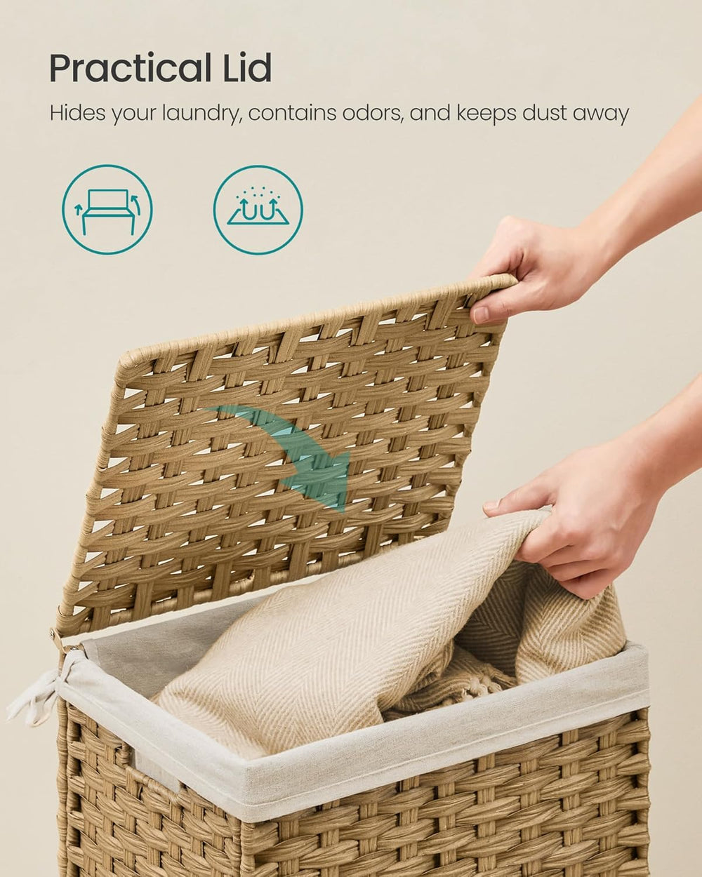 SONGMICS Woven Storage Basket with Lid, 9.2 Gallon (35L), Foldable