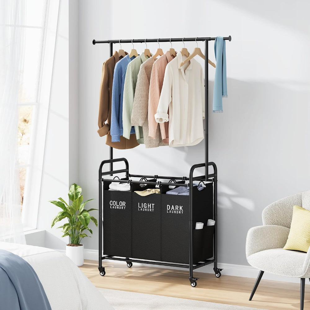 Tajsoon Laundry Sorter with Hanging Bar, 3 Section Laundry Hamper, Black