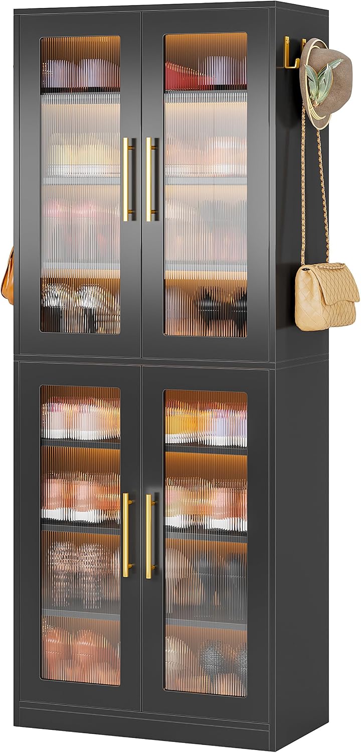 Tribesigns Black Shoe Storage Cabinet with Acrylic Doors and LED Lights, 8-Ti...
