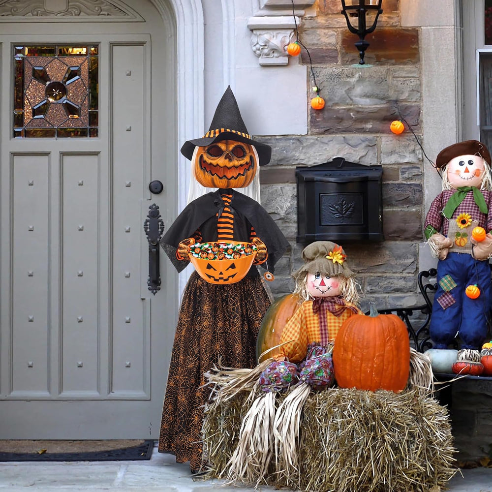 ITART 4.5ft Animated Pumpkin Scarecrow with Candy Bowl Prop Pumpkin Halloween...