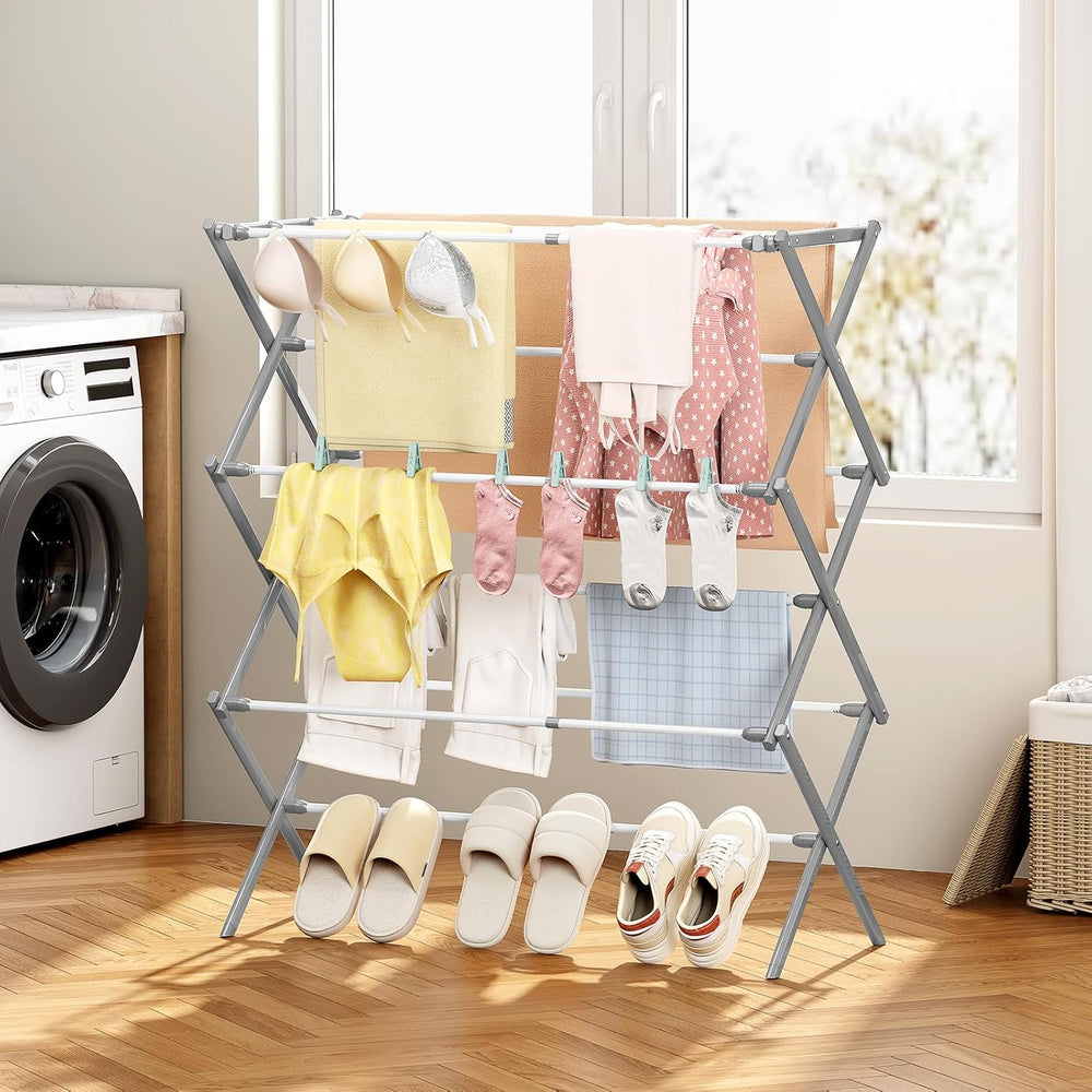 Clothes Drying Rack, 3-Tier Foldable Extendable, White & Grey