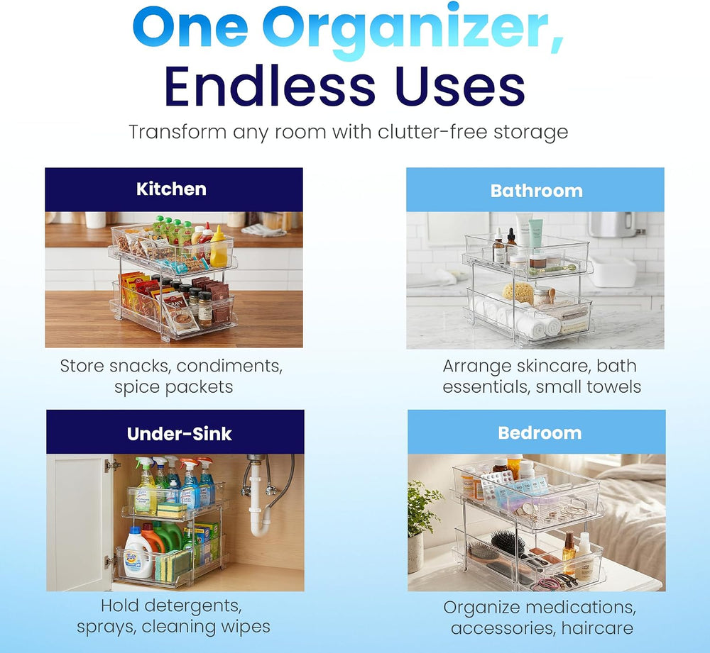 Masirs 2-Tier Clear Pull-Out Drawer Organizer - Sleek, Compact & Sturdy M...
