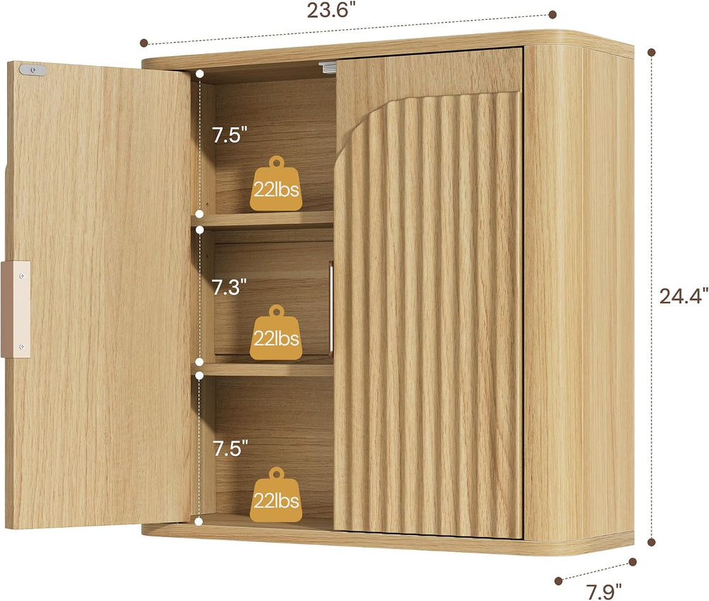 Fluted Bathroom Wall Cabinet with 2 Doors, 3-Tier Wood Wall Mounted Medicine ...