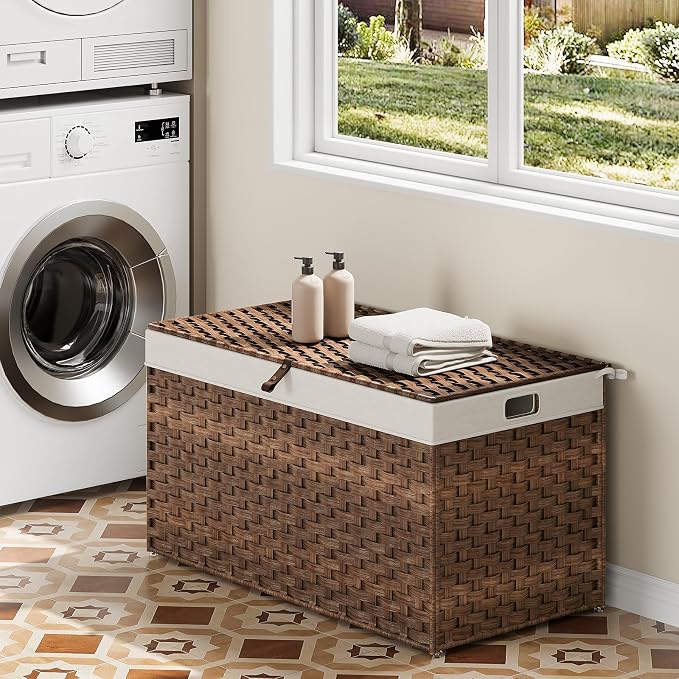 HOOBRO Storage Basket with Lid, 42.3 Gallon Wicker Basket, Handwoven Blanket