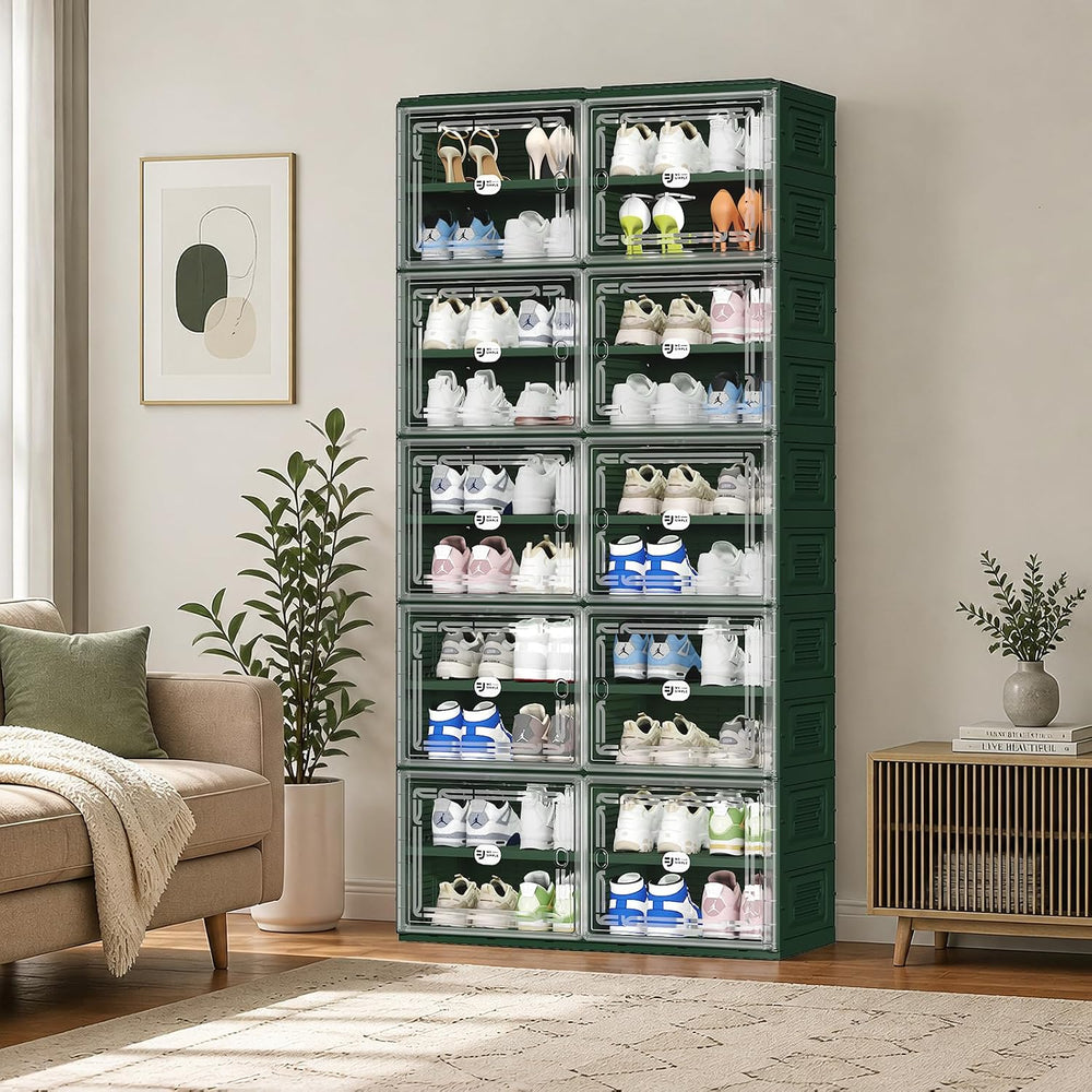 Green Foldable Shoe Storage Cabinet for 40 Pairs with Magnetic Clear Doors, P...