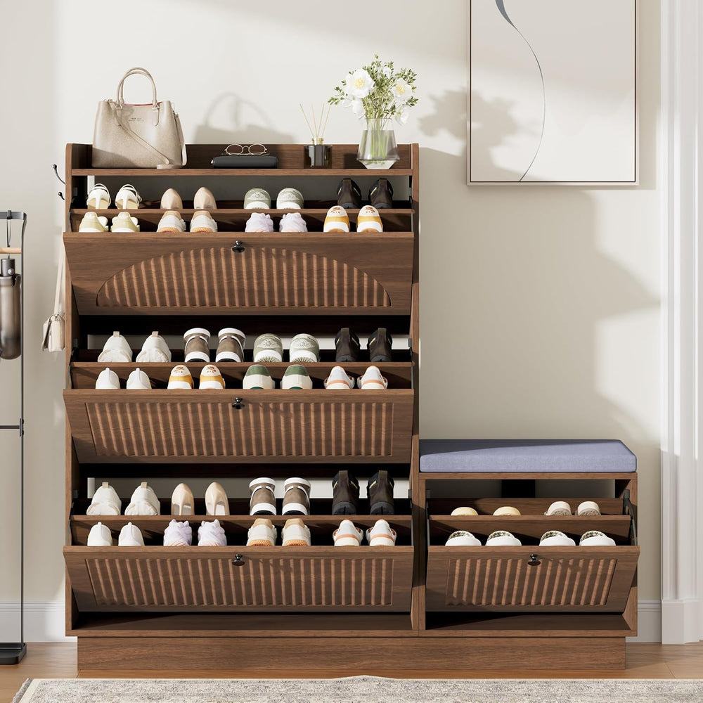 Shoe Cabinet with Bench, 4‑Flip Drawer Fluted Shoe Storage Cabinet with Remov...