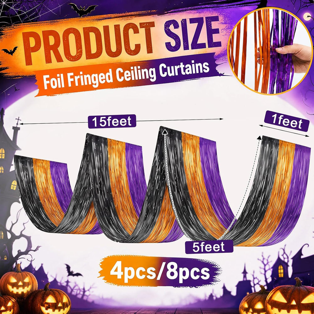 8 Pcs Halloween Decor, Orange Purple Black Ceiling Fringe Curtains