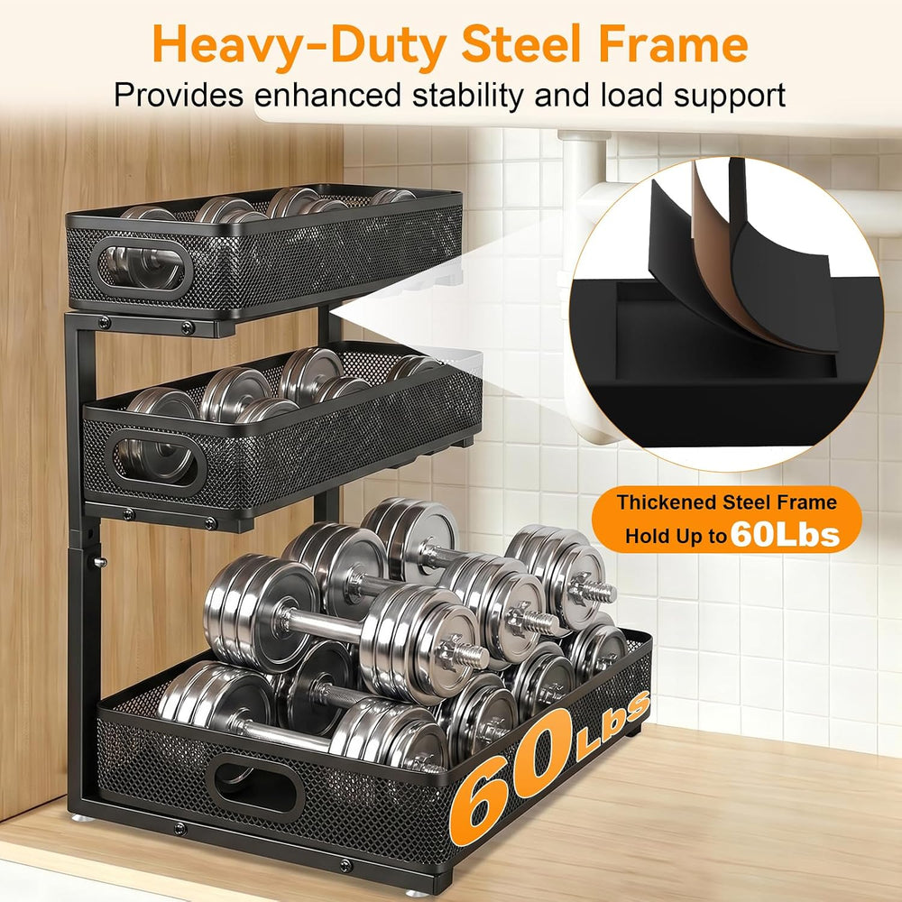 3 Tier Adjustable Under Sink Organizer for Bathroom & Kitchen(2Pack, Black)