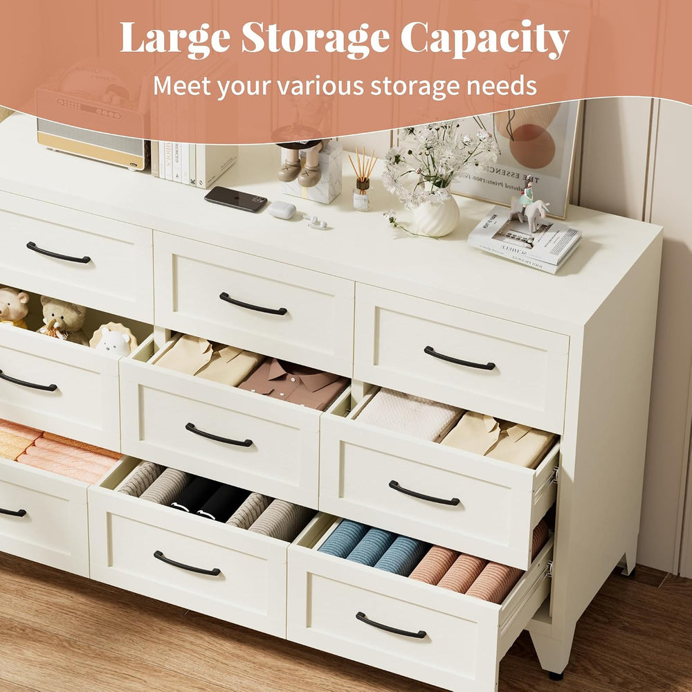 Metal 9 Drawer Dressers for Bedroom, 52" Wide White Steel Chest of Drawe...
