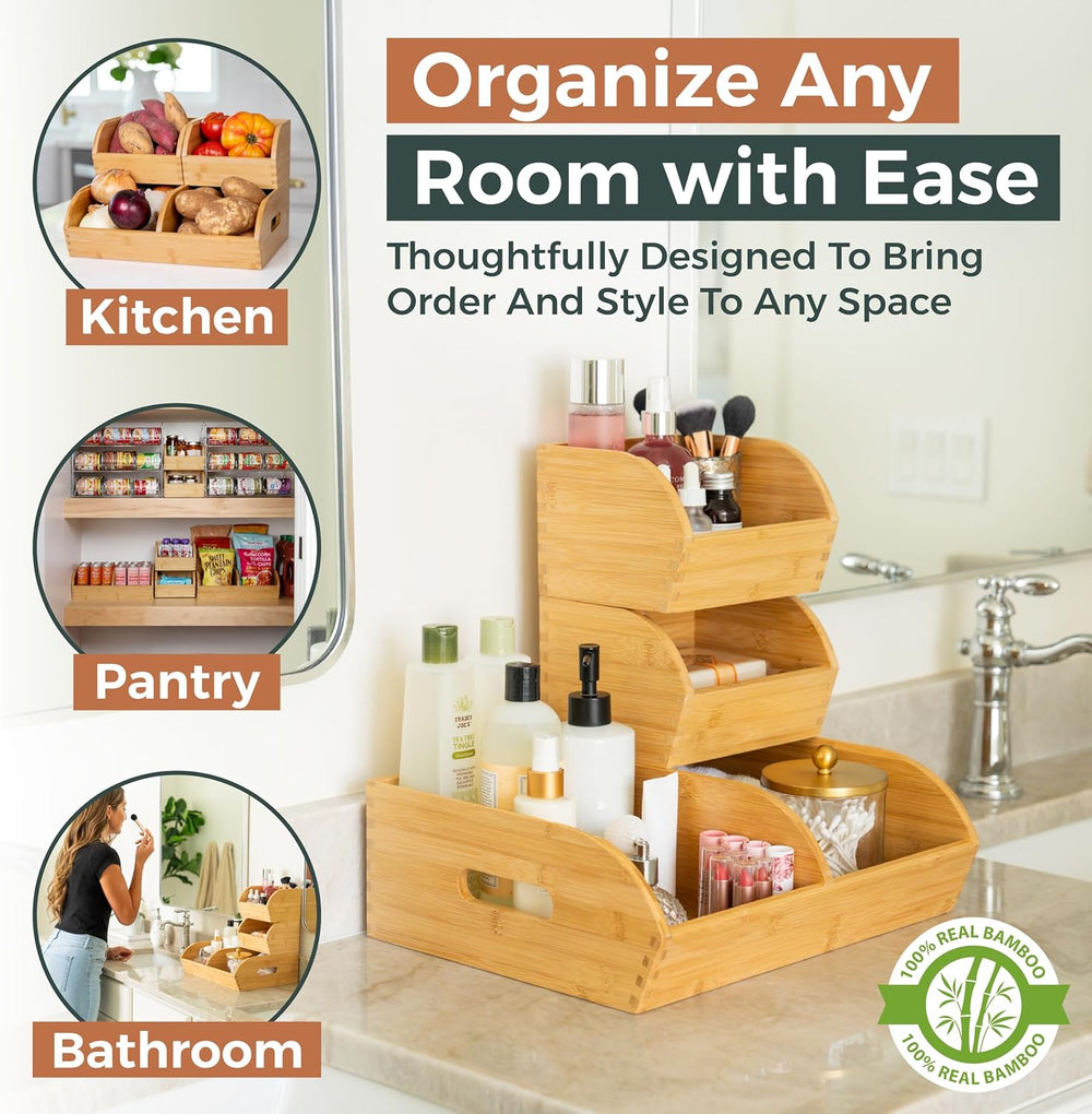 Potato and Onion Storage Bin, Stackable Bamboo Pantry Organizer and Storage