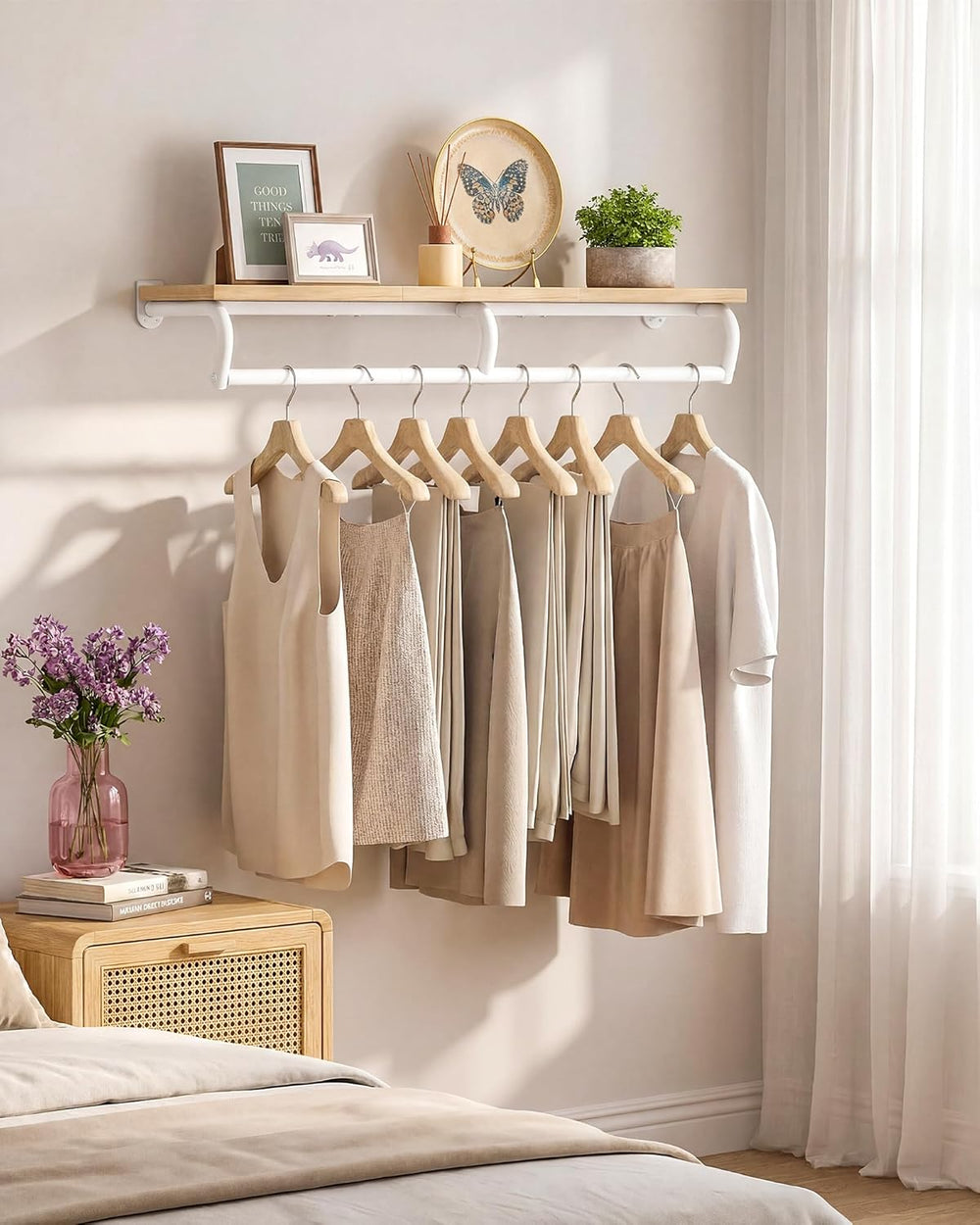 Wall Mounted Clothes Rack, Metal Garment Rack with Top Shelf, Laundry Storage...