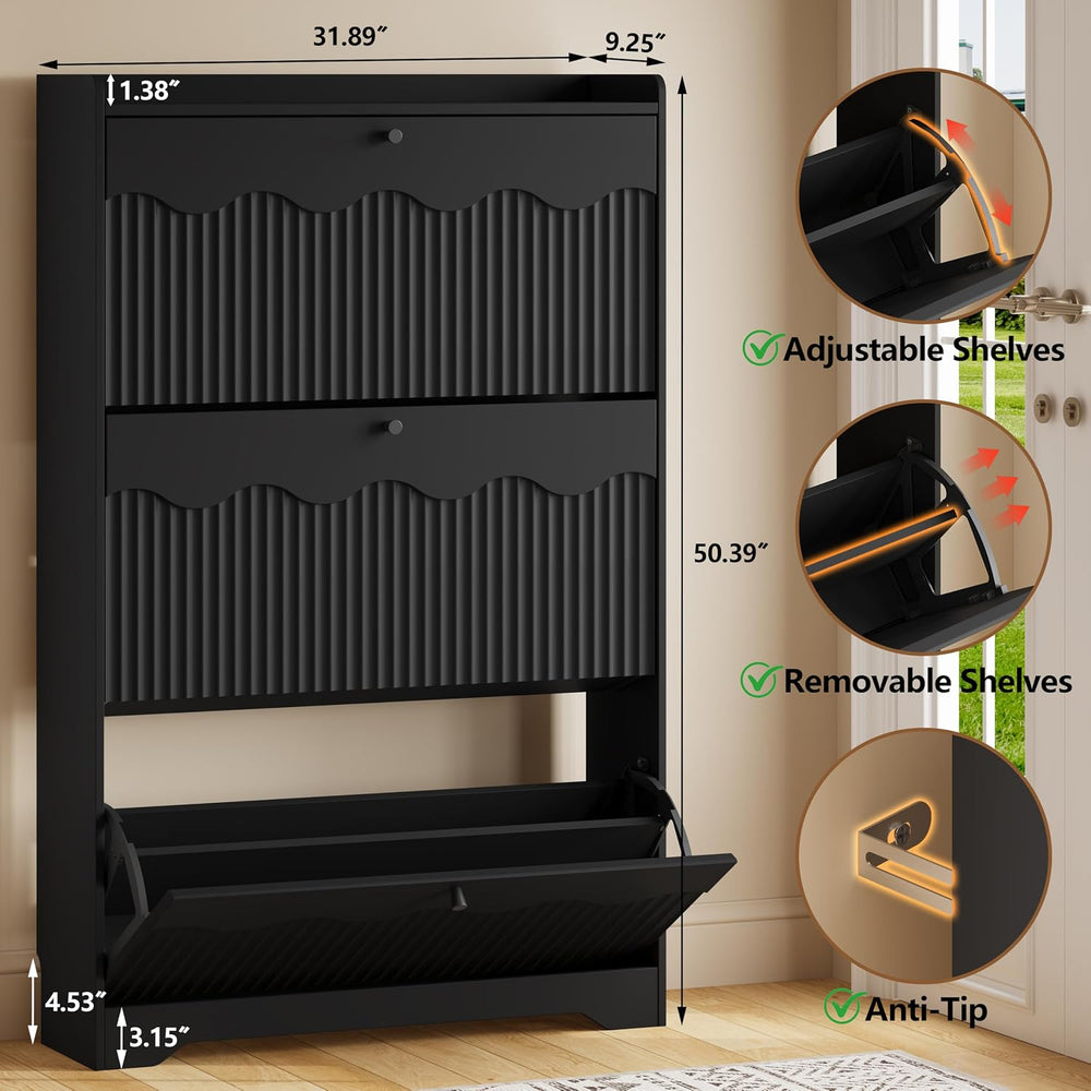 BORNOON Shoe Storage Cabinet with 3 Flip Drawers and Modern Wave-Edge Fluted ...