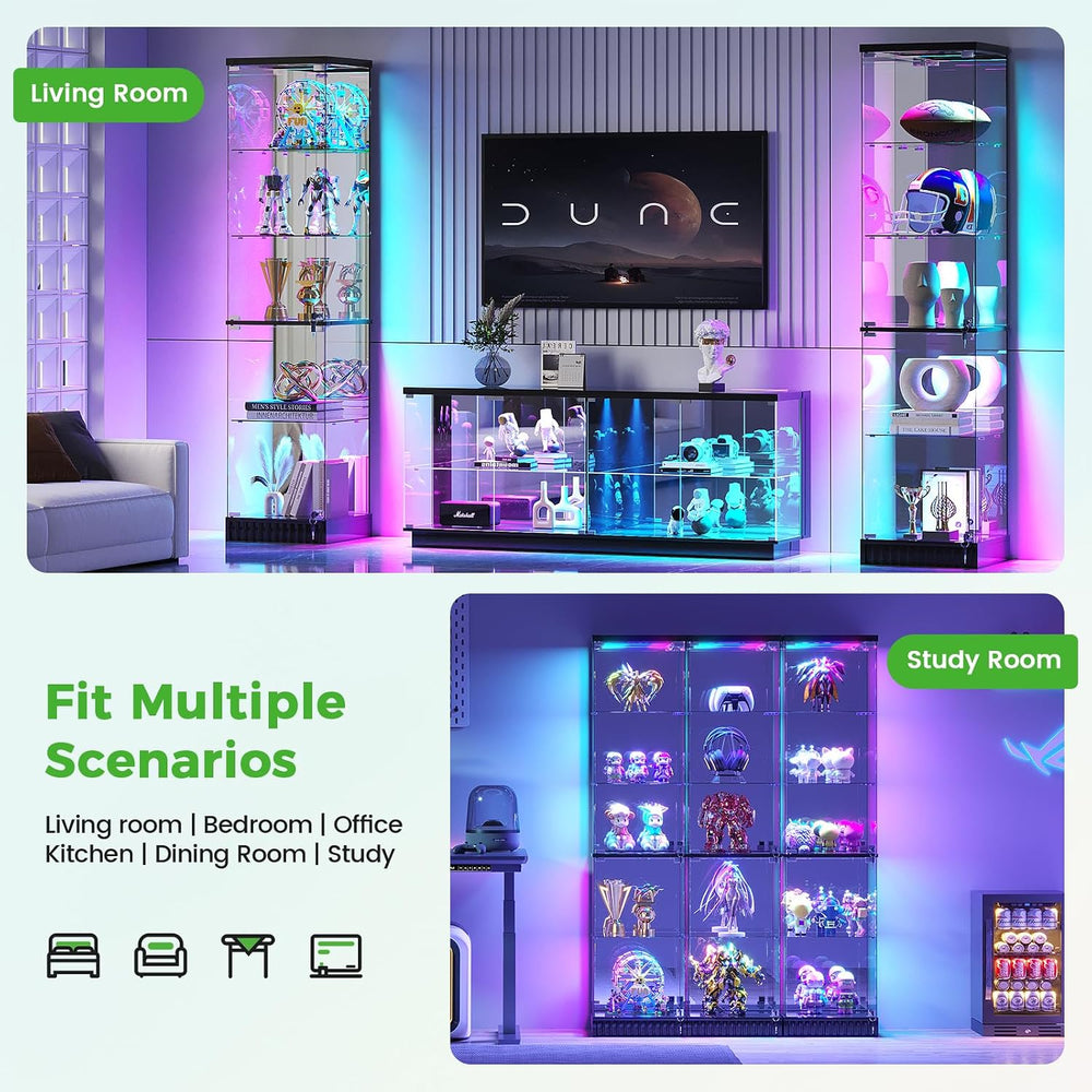 HNEBC Lighted Glass Display Cabinet with Doors for Collectibles,Black