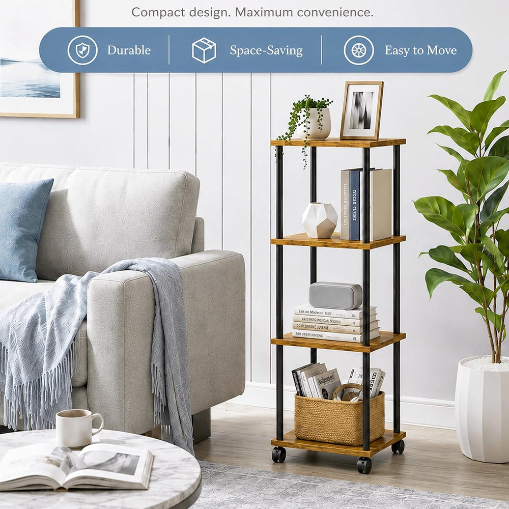 4-Tier 38.2" Tall Rustic Brown Bathroom Shelving Unit with Wheels