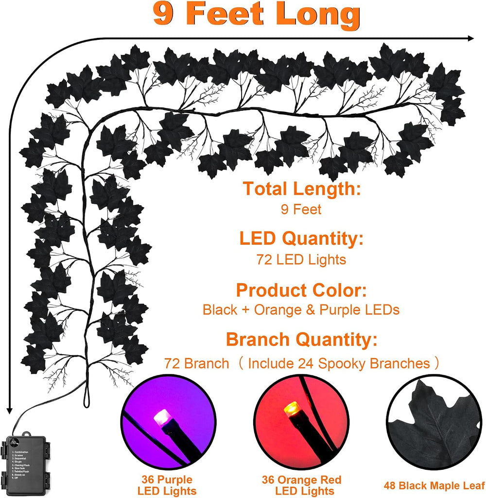 FLYSNK 9 FT 72 LED Halloween Willow Vine Twig Decorations With Orange & P...