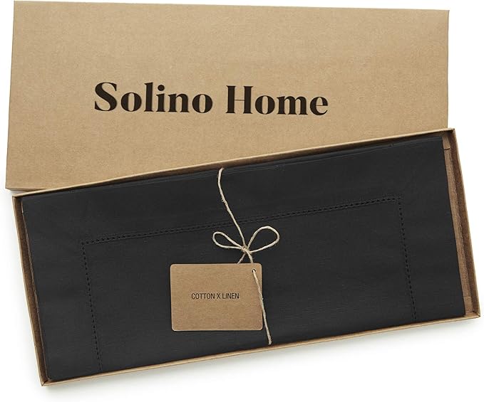 Solino Home Black Table Runner 90 Inches Long - Cotton Linen Hemstitch 14 x 9...