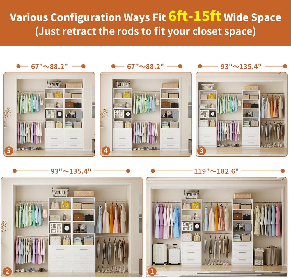 Closet System with 6 Drawers, 5-14FT Custom Closet Organizer System with 8 Ex...