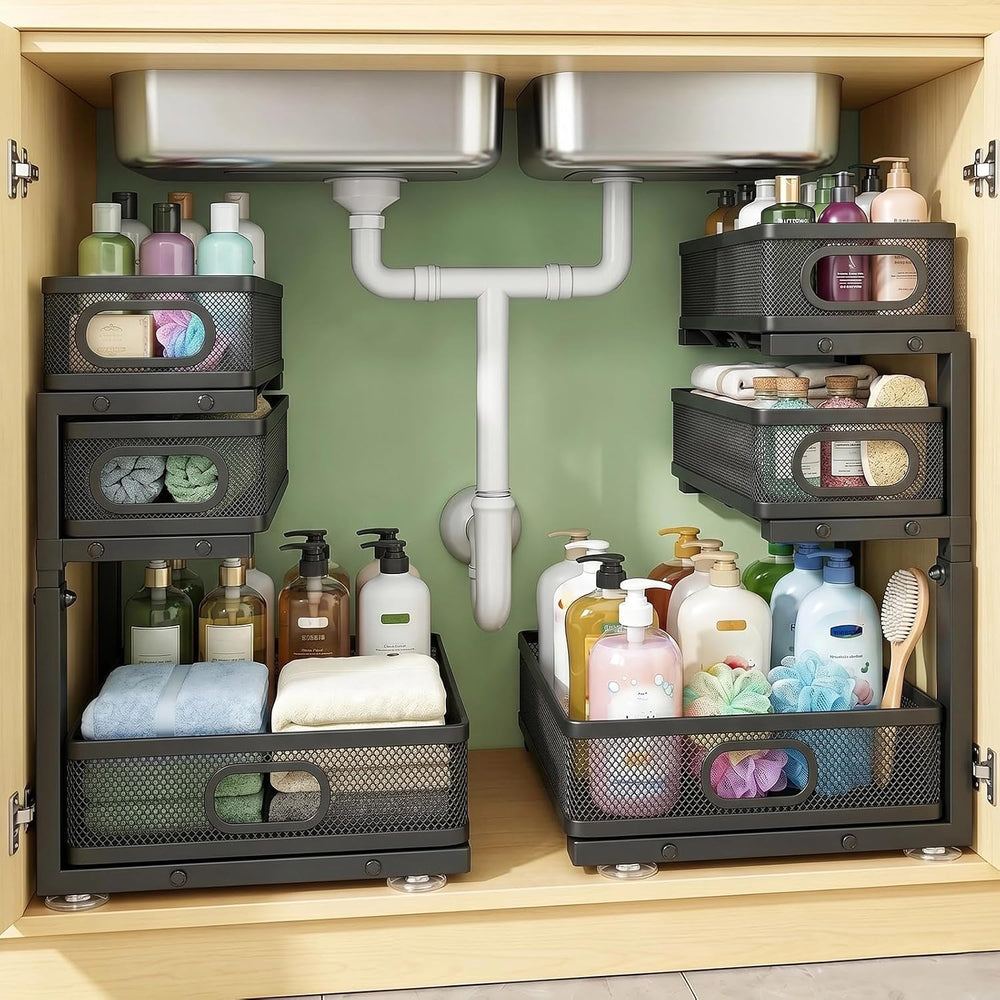 Under Sink Organizer, 2-Pack 3-tier Under Sink Storage Organizer Adjustable H...