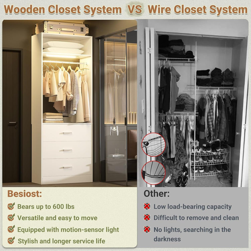 Besiost Closet System with Drawers & Sensor Light, White (Enclosed Storag...