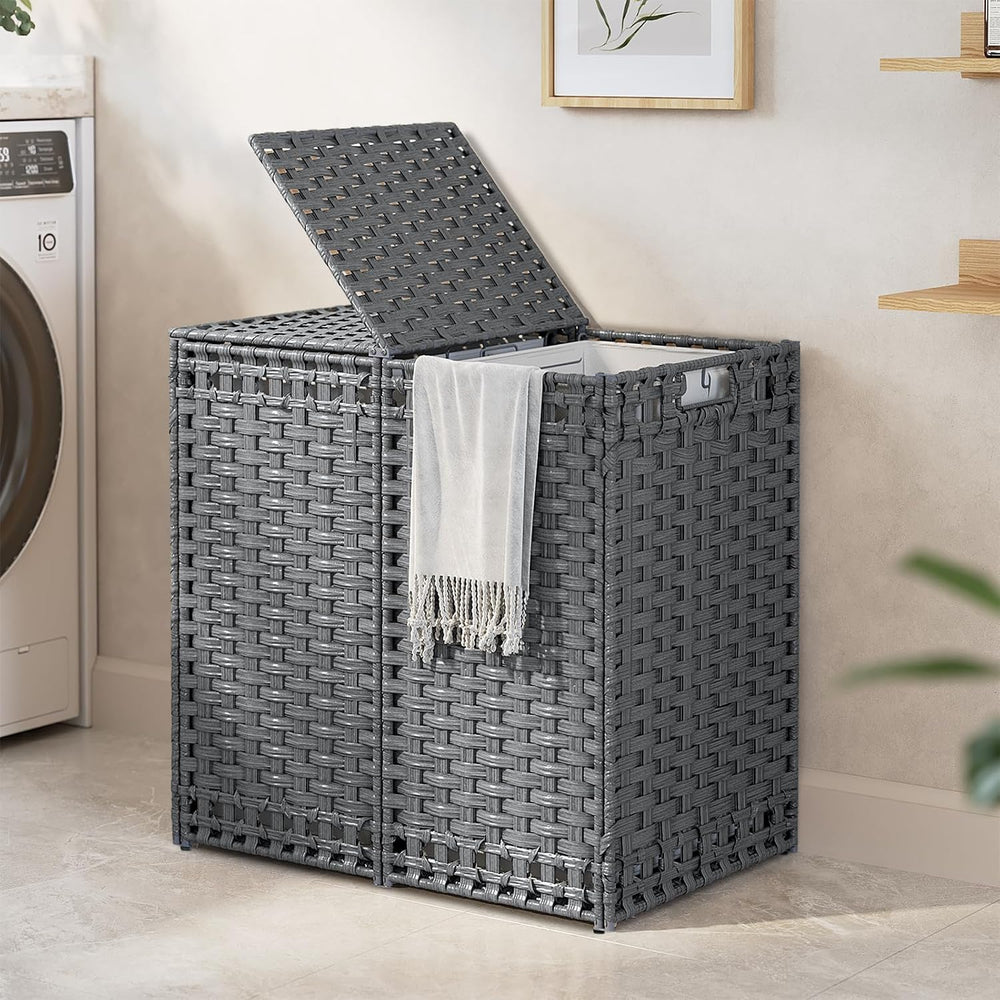 170L Foldable Laundry Hamper with Lid - Handwoven Rattan Storage Basket, 2-Se...