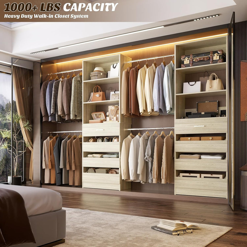 Aheaplus Closet System,4-9Ft Closet Organizer with 4 Wood Drawers,White Oak