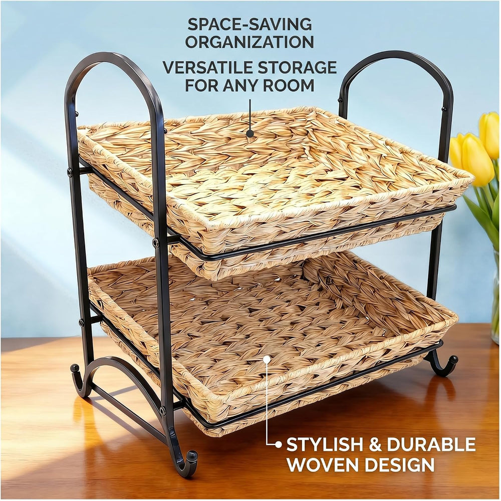 2-Tier Faux Rattan Wicker Storage Basket with Metal Frame, Countertop Organiz...