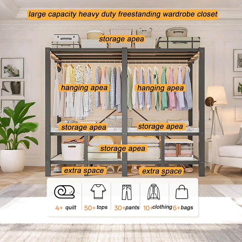 Foldable Portable Closet Wardrobe on Wheel Heavy Duty Metal Clothing Rack wit...