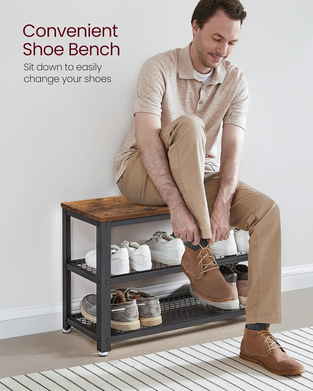 VASAGLE 3-Tier Shoe Rack, Storage Bench with Metal Mesh Shelves and Seat