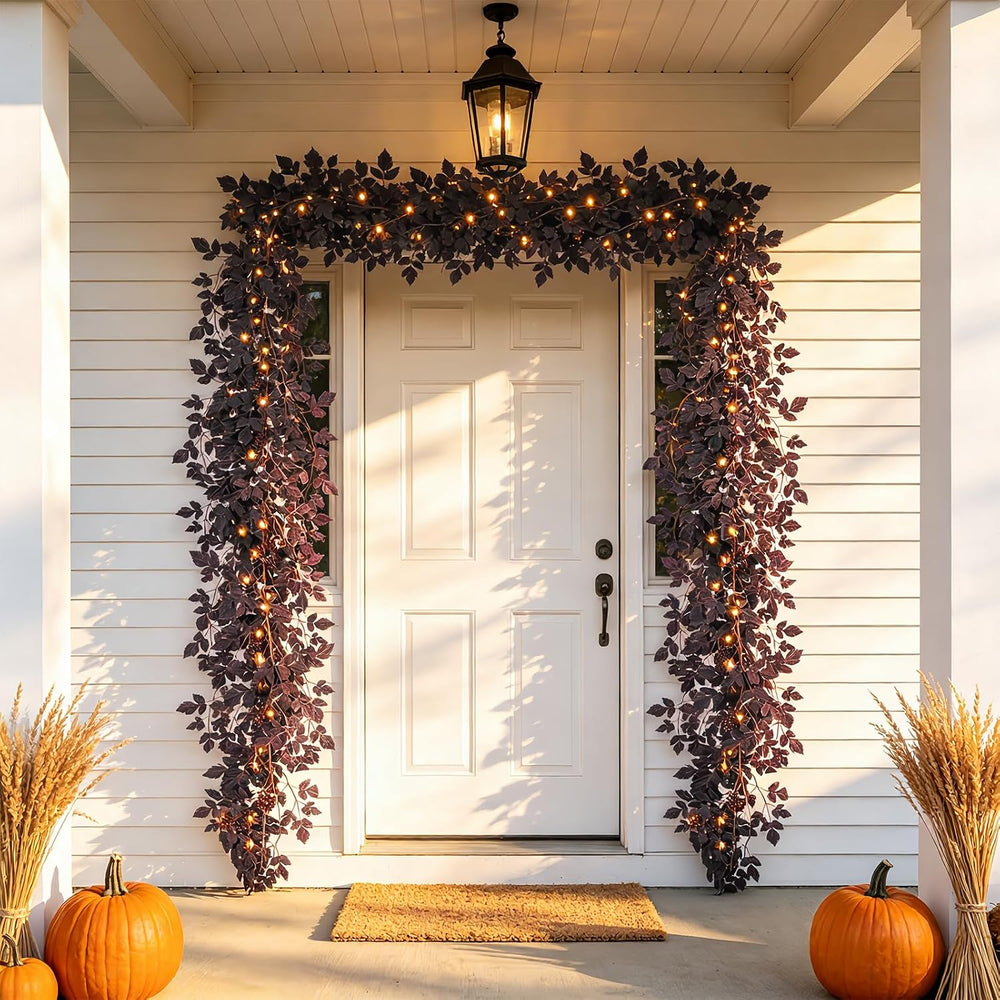 18 FT Plum Cimicifuga Seeded Garland with Light for Mantle, Artificial Fall L...