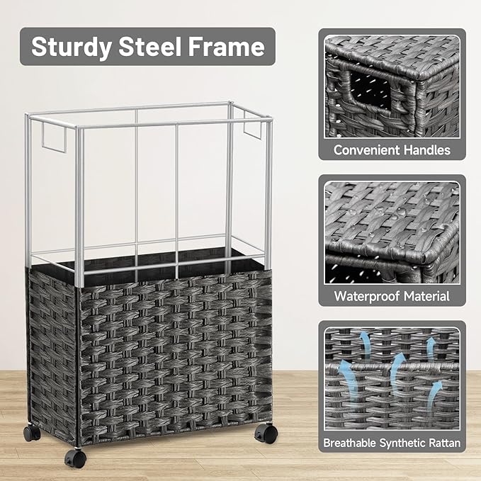 70L Slim Laundry Hamper with Lid & Wheels, 2-Park Rolling Laundry Basket ...