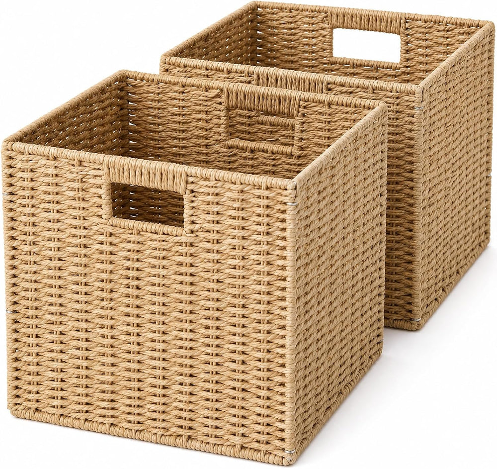 13x13x13 Inch Wicker Storage Basket Set of 2, FAAYUCK Handwoven Storage Cube ...