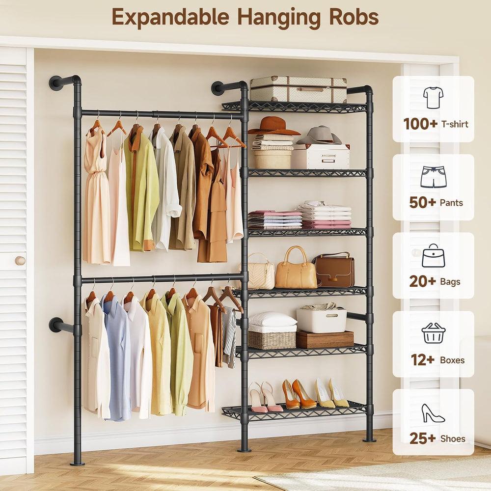 H2 Wall Mounted Clothing Rack, Expandable Industrial Pipe Clothes Rack Garmen...