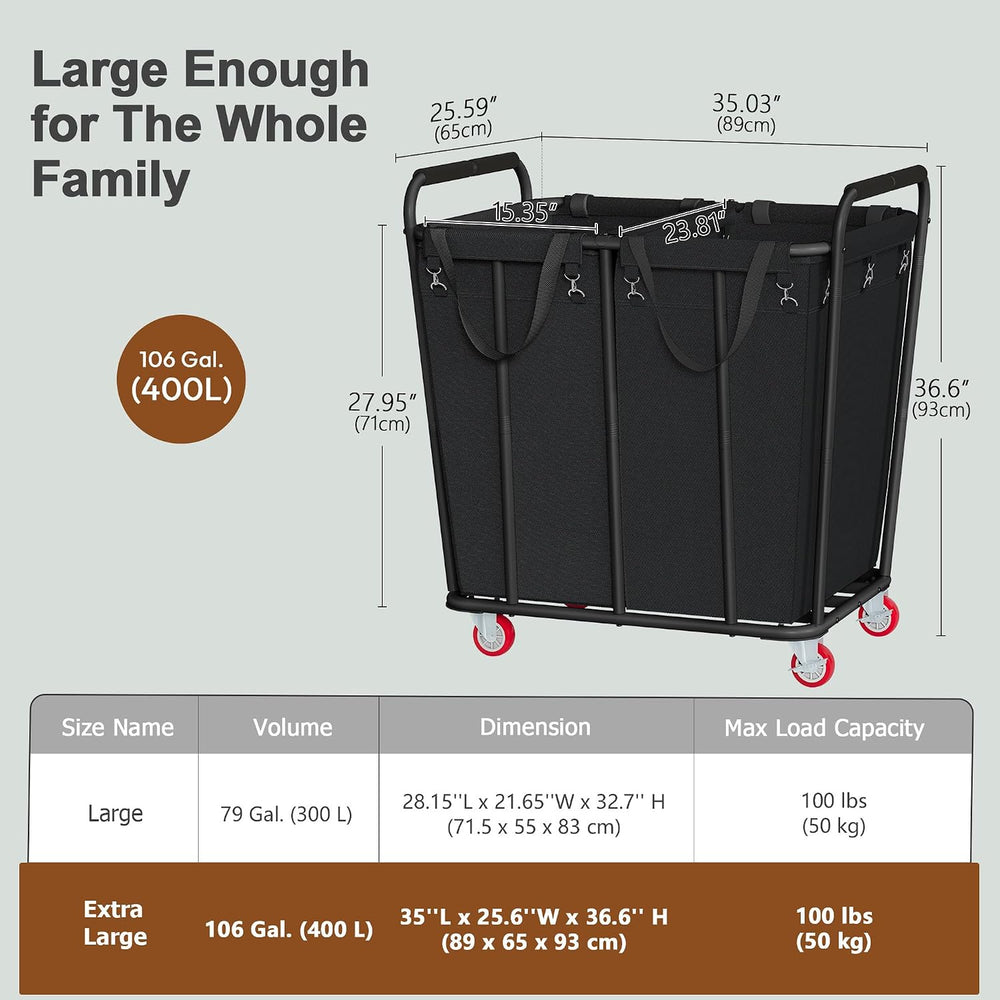 Hoctieon 2 Section Laundry Sorter Cart, 400L Rolling Hamper with Wheels, Indu...