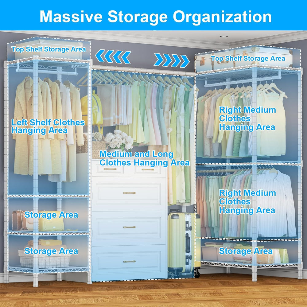 ULIFHOME E10L L-Shaped Clothes Rack for Corner（With Expandable Hanger Rod）Hea...