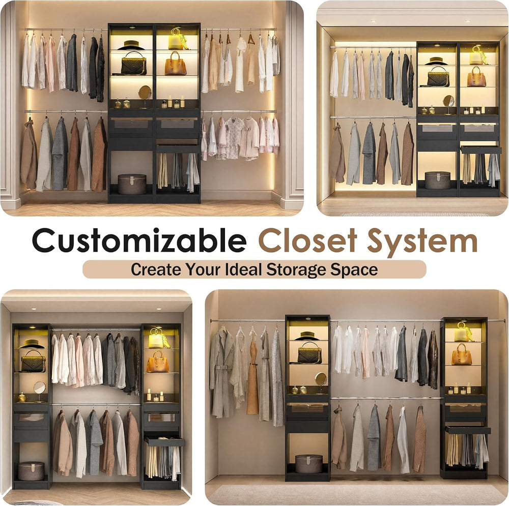 6-12 Ft Closet System with LED Lighting & 4 Adjustable Rods (Black)
