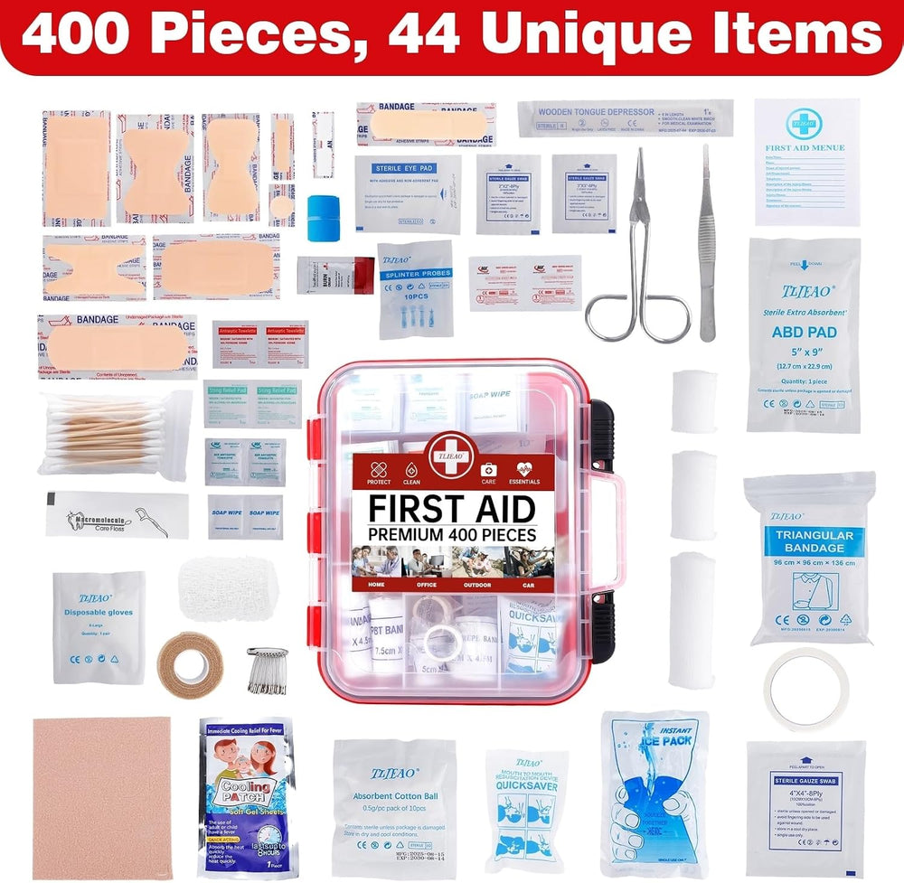 400 Pieces All-Purpose First Aid Kit, Organized Dual-Layer Wall