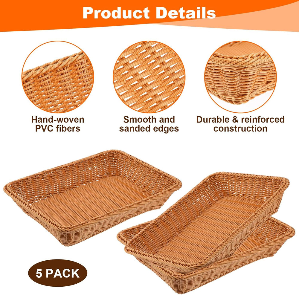 5 Pack 15.8 Inch Large Wicker Bread Baskets, Brown Woven Serving Basket Trays...
