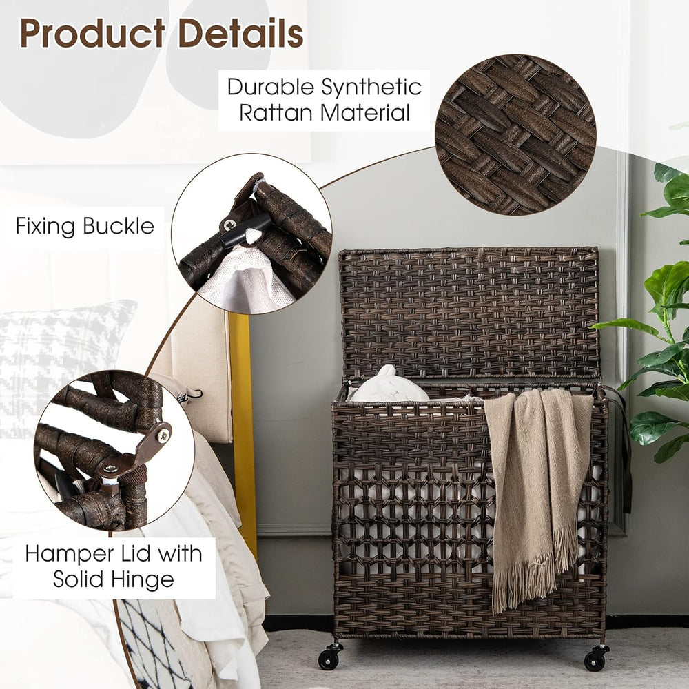 GOFLAME Laundry Hamper with Lid and Wheels, 110L Folding Synthetic Rattan Clo...