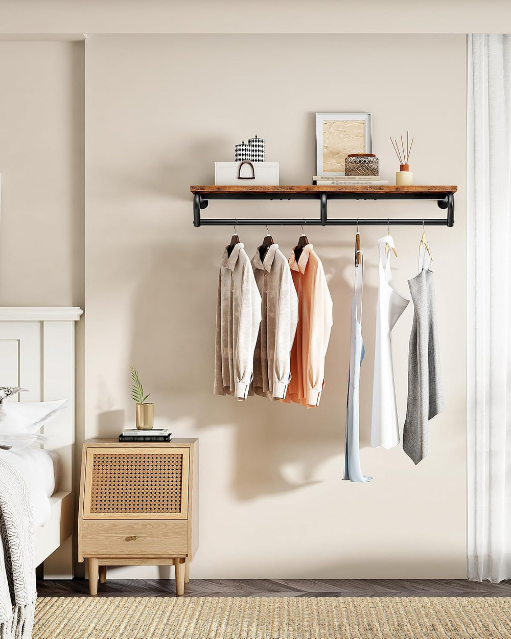 43.3" Wall Mounted Clothes Rack with Top Shelf and Hanging Rod