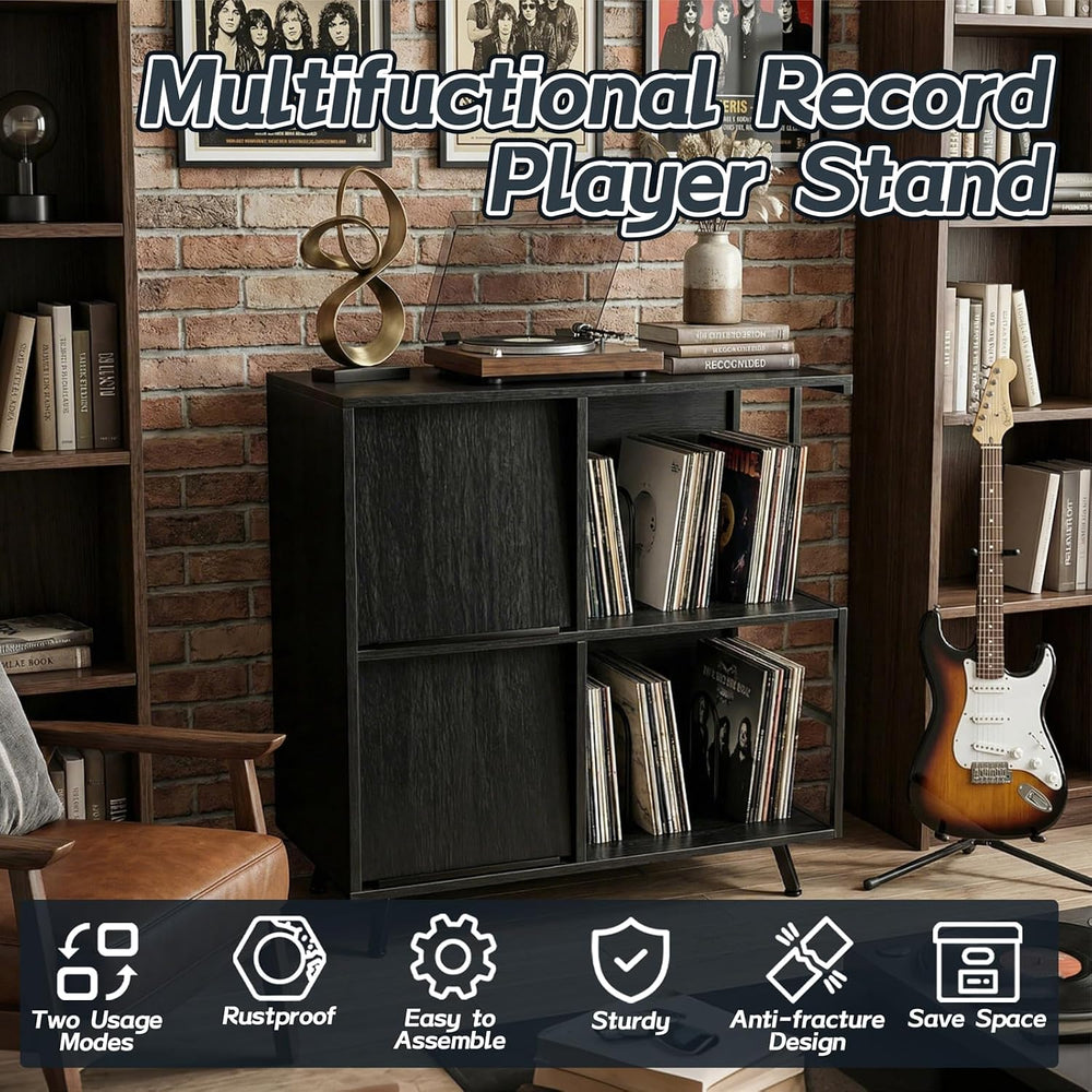 3 Tier Record Player Stand with Flip-Down Record Shelf, Black