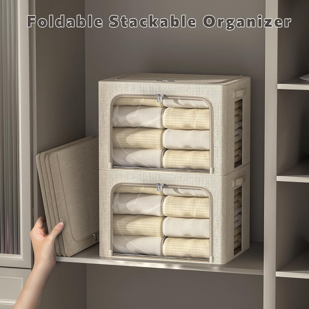 FHSQX 6 Pack Clothes Storage Bins with Metal Frame,Beige, 22L