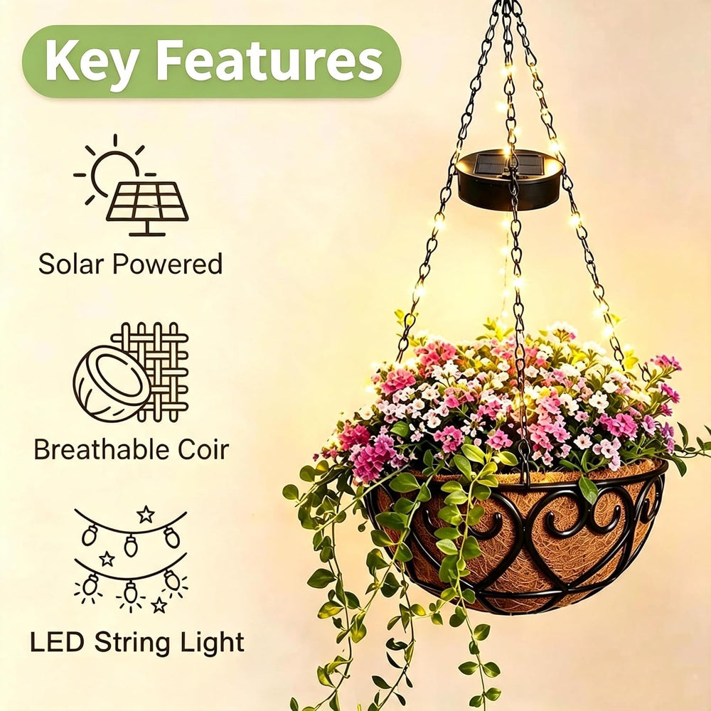 2 Pack 10 Inch Solar Hanging Flower Basket with LED String Lights