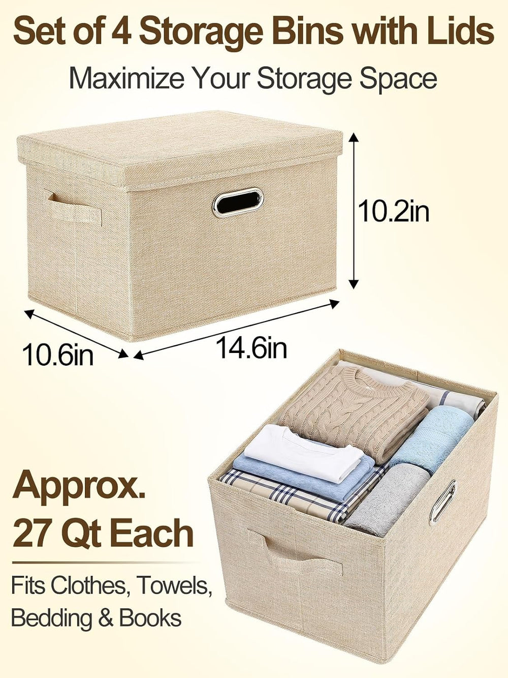 MADHOLLY 4Pcs 27qt Fabric Under Bed Storage Bins with Lids for Dorm Room